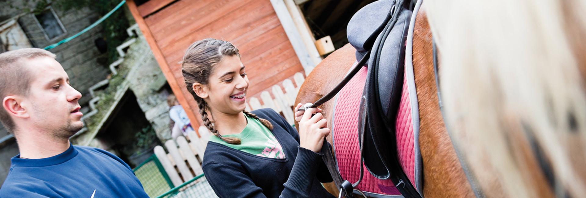 A girl is brushing a horse